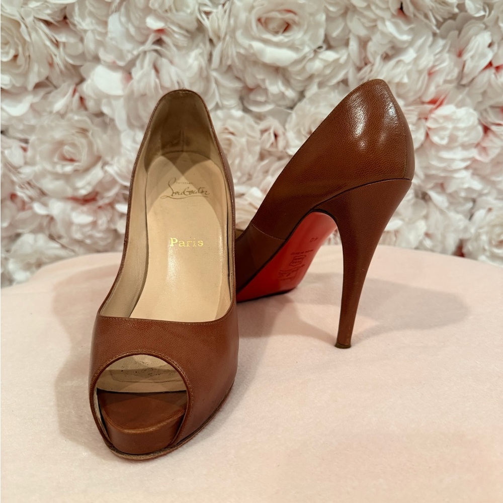 Christian Louboutin Brown Peep-Toe Leather Pumps with Signature Red Soles